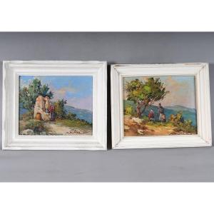 Pair Of Paintings, Fortuné Car 1905/1970, Provence, Luberon, South Of France