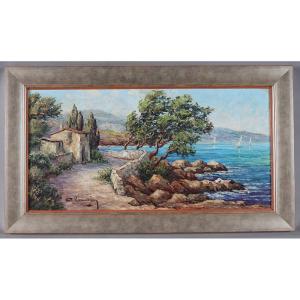 La Côte d'Azur, 94 cm, signé : Pierre Lemoine, vers 1950/60, L’Esterel, Sud France, Marine