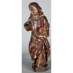 Sculpture, 29 Cm, From The 17th Century, In Polychrome Wood, Jesus Holding The Orb