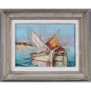 Saint Tropez And Its Tartanes, Signed: René Giovani, Marine Painting