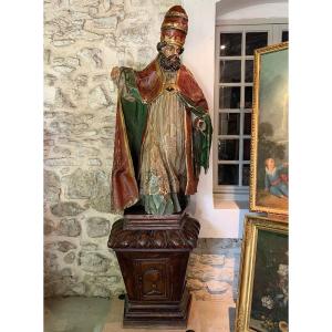 17th Century Sculpture, 195cm, Of Pope Saint Sixtus Ii, Polychrome Wood, Glass Eyes 