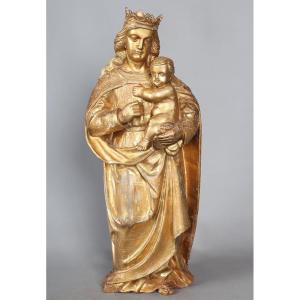 Crowned Virgin 18th Century, 56 Cm, Gilded Wood Sculpture With Gold Leaf