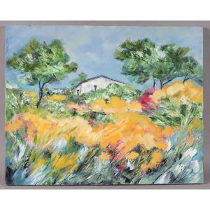 Paysage de Provence, Mistral, 81 cm, daté : 1991 et signé, Ecole Provençale Française