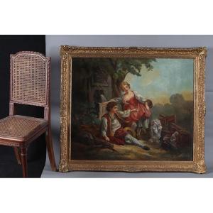 Large 18th Century Painting, 116 Cm, Romantic Country Scene With Small Dog, French School