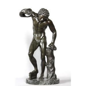 Bronze XIX ème, 57 cm, Faune aux cymbales, Bronze à L’Antique, Ecole Française