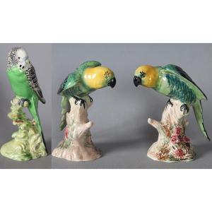 Set Of 3 Porcelain Parakeets From Beswick-england, Circa 1930, Height: 15 And 18 Cm