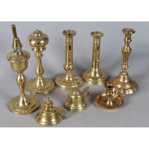 Lot Of 8 Coppers, Candlesticks, Oil Lamps, 19th And Early 20th Century