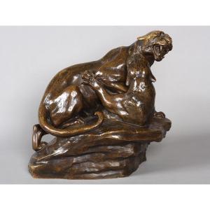 Bronze Art Déco, Friedrich GORNIK 1877 / 1943, Panthères en lutte, Ecole Autrichienne