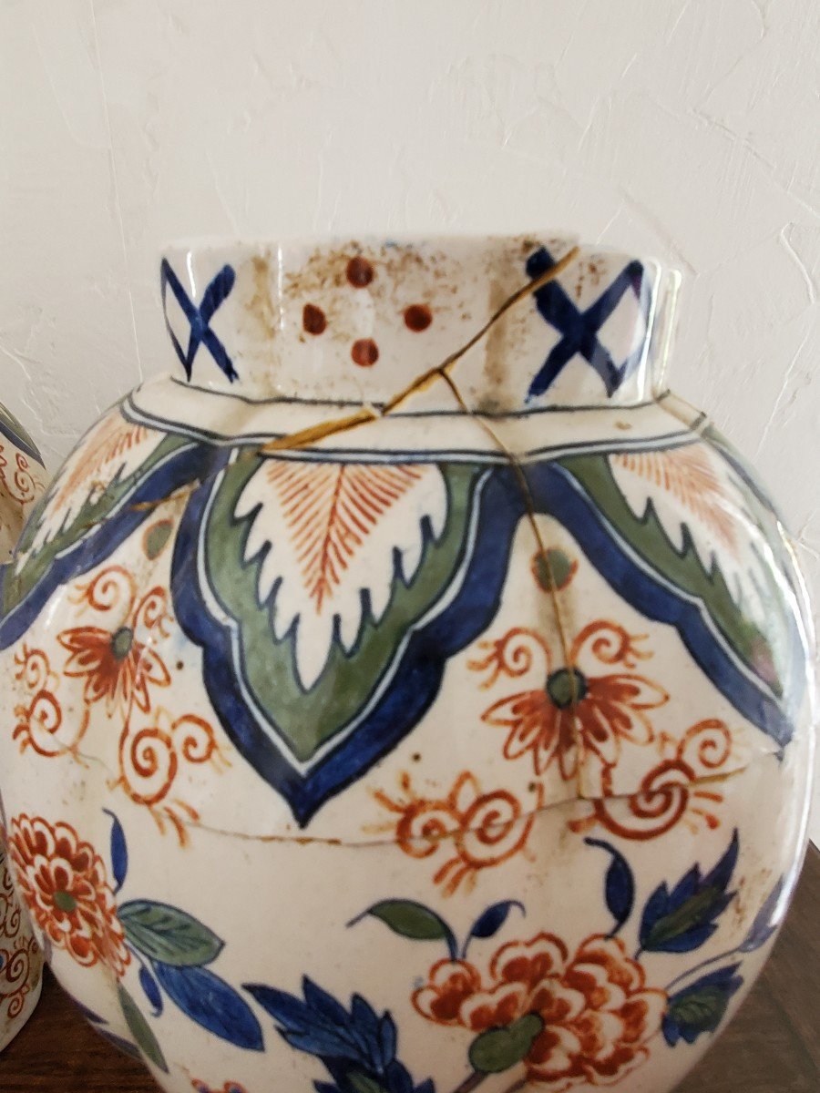 Paire De Pots Couverts En Faïence Polychrome De Delft - XIXème-photo-5