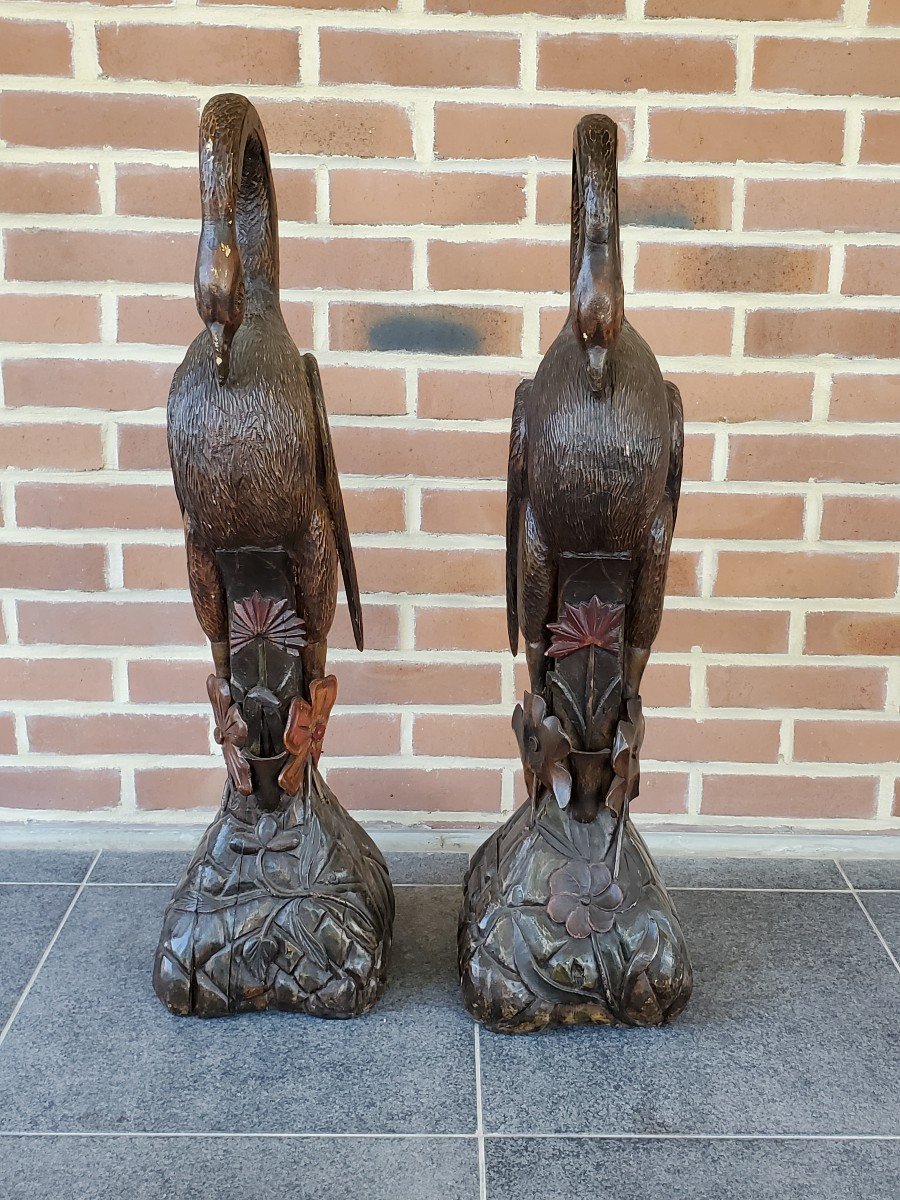 Sculpture - Pair Of Flamingos - Polychrome Wood - Late 19th Century-photo-2