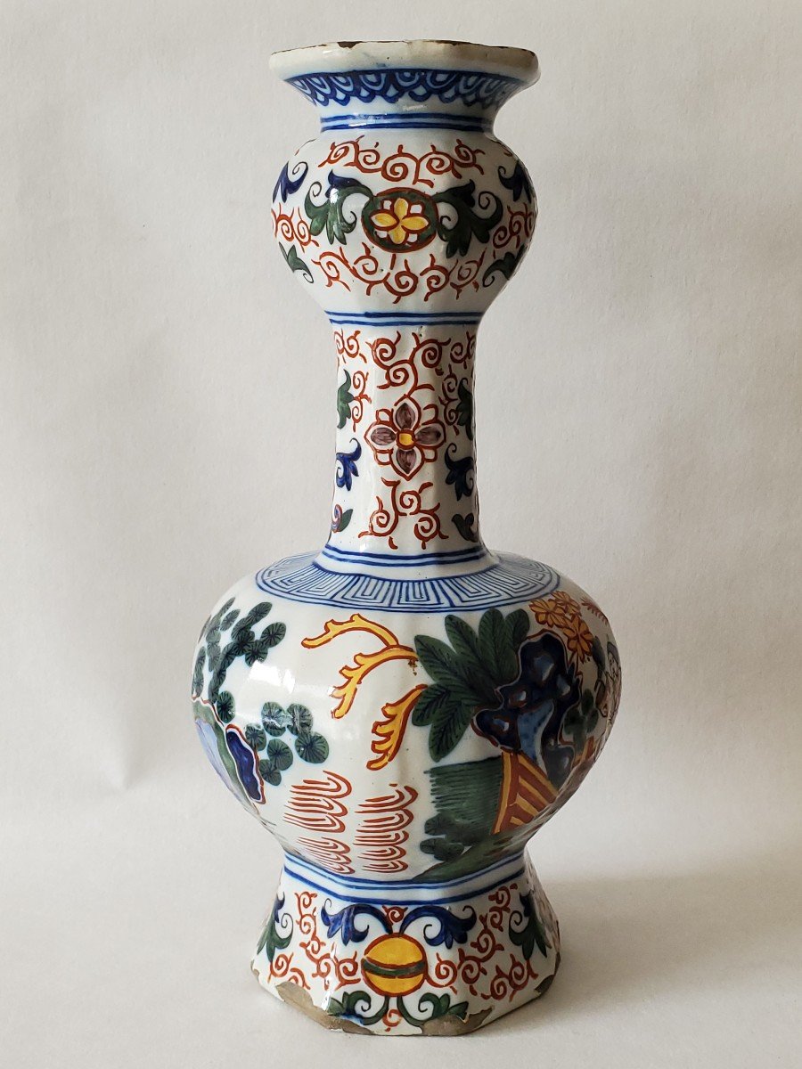 Delft Polychrome Earthenware Bottle Vase - Circa 1800-photo-1