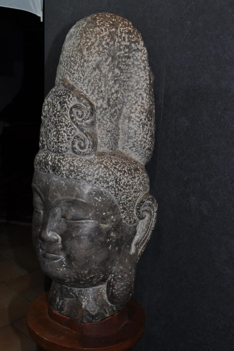 Sculpture - Asie - Tête De Bouddha En Pierre Sur Socle - XXème-photo-2