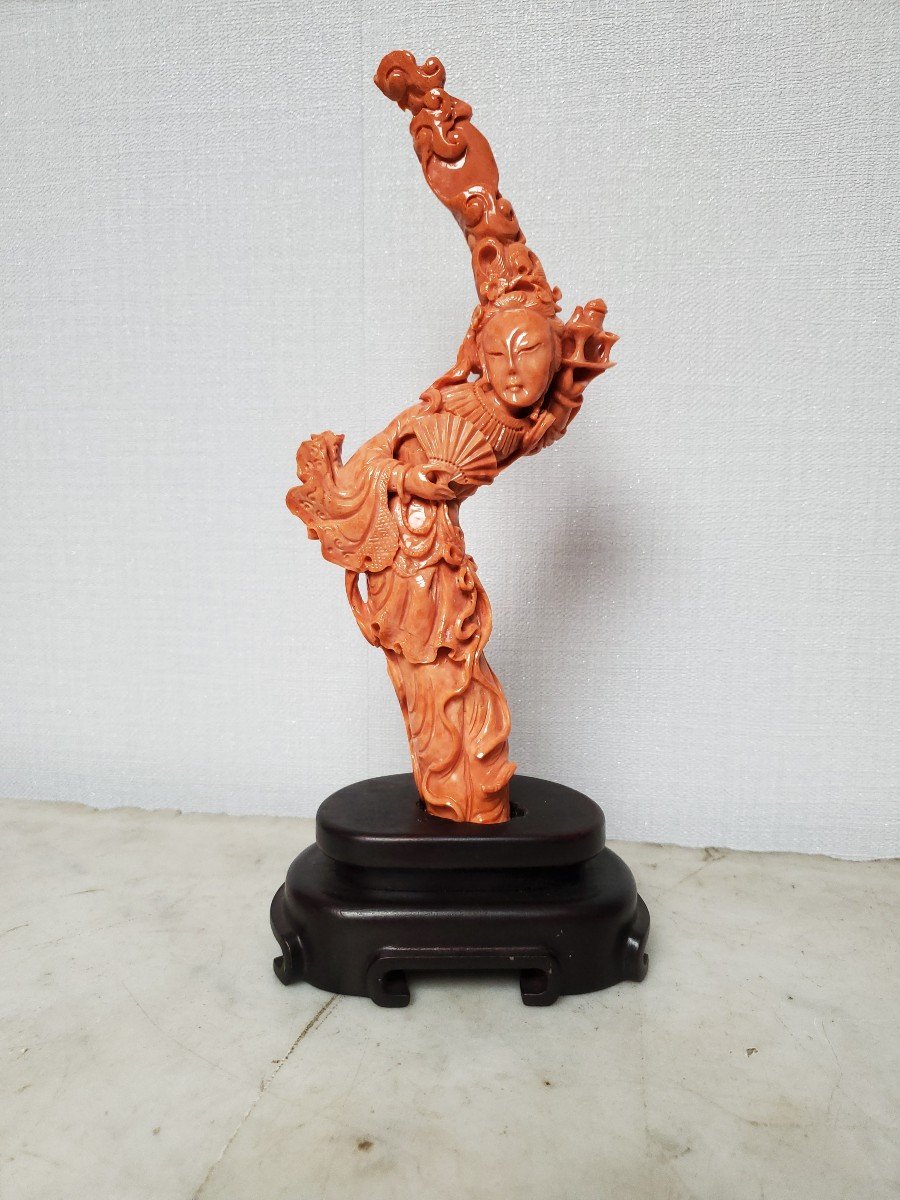 Sculpture - Corail Rouge Orangé Sur Socle