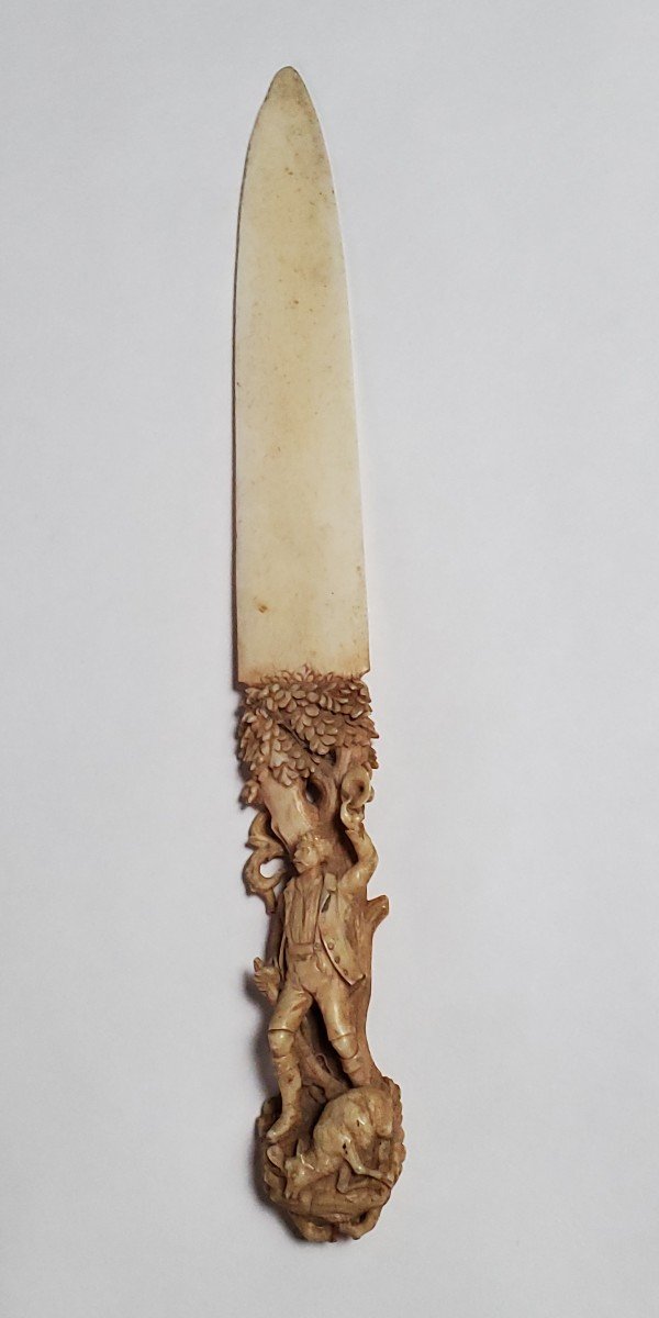 Sculpture, Hunting, Carved Bone Paper Cutter - 19th Century