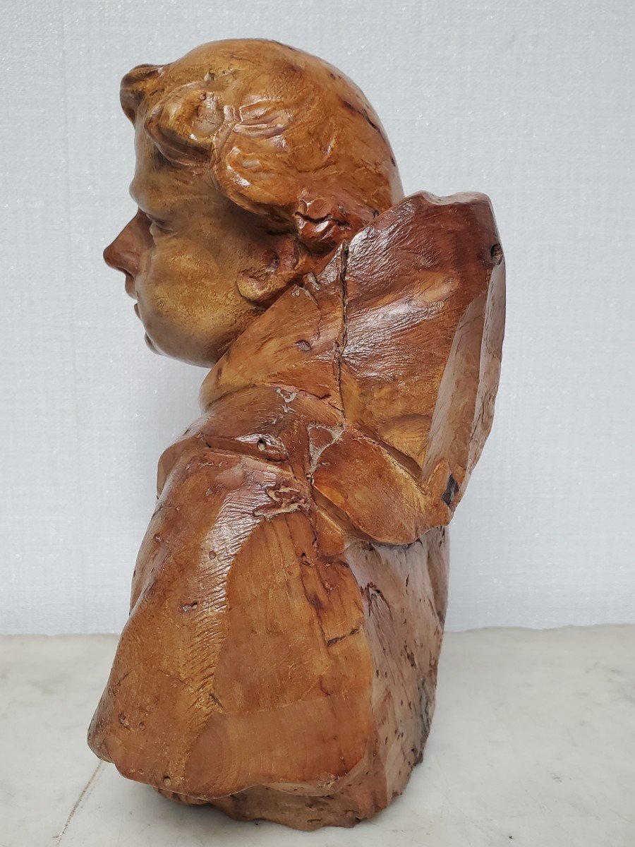 Wood Sculpture - Bust Of Monk - 17th Century-photo-2