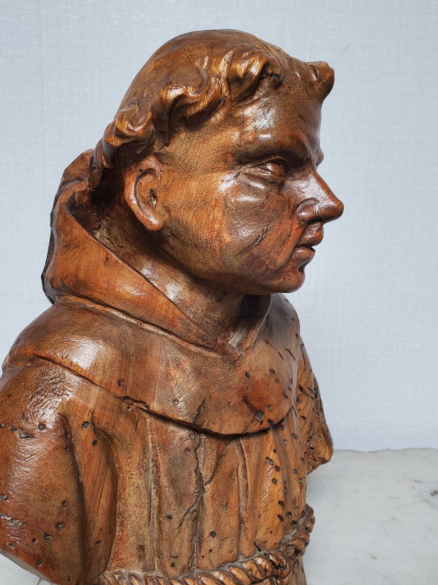 Wood Sculpture - Bust Of Monk - 17th Century-photo-1