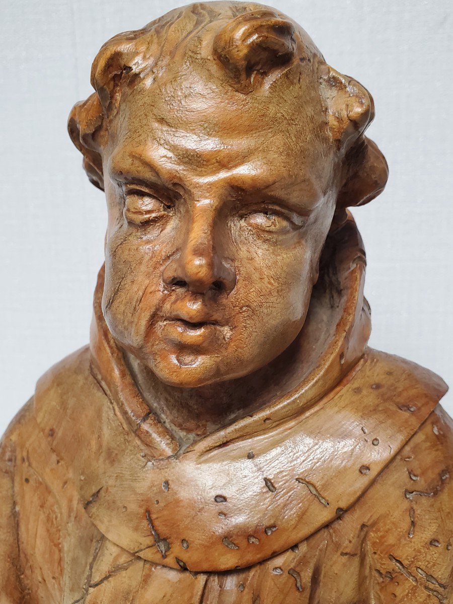 Wood Sculpture - Bust Of Monk - 17th Century-photo-2