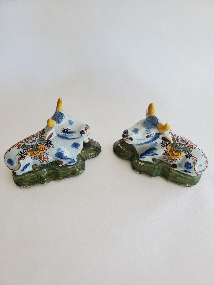 Delft - Pair Of Earthenware Cows - Signed - 18th Century-photo-2