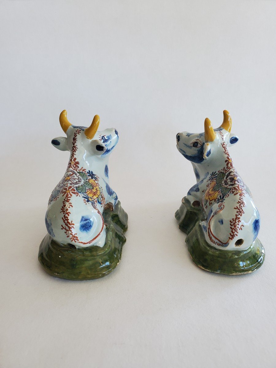 Delft - Pair Of Earthenware Cows - Signed - 18th Century-photo-3