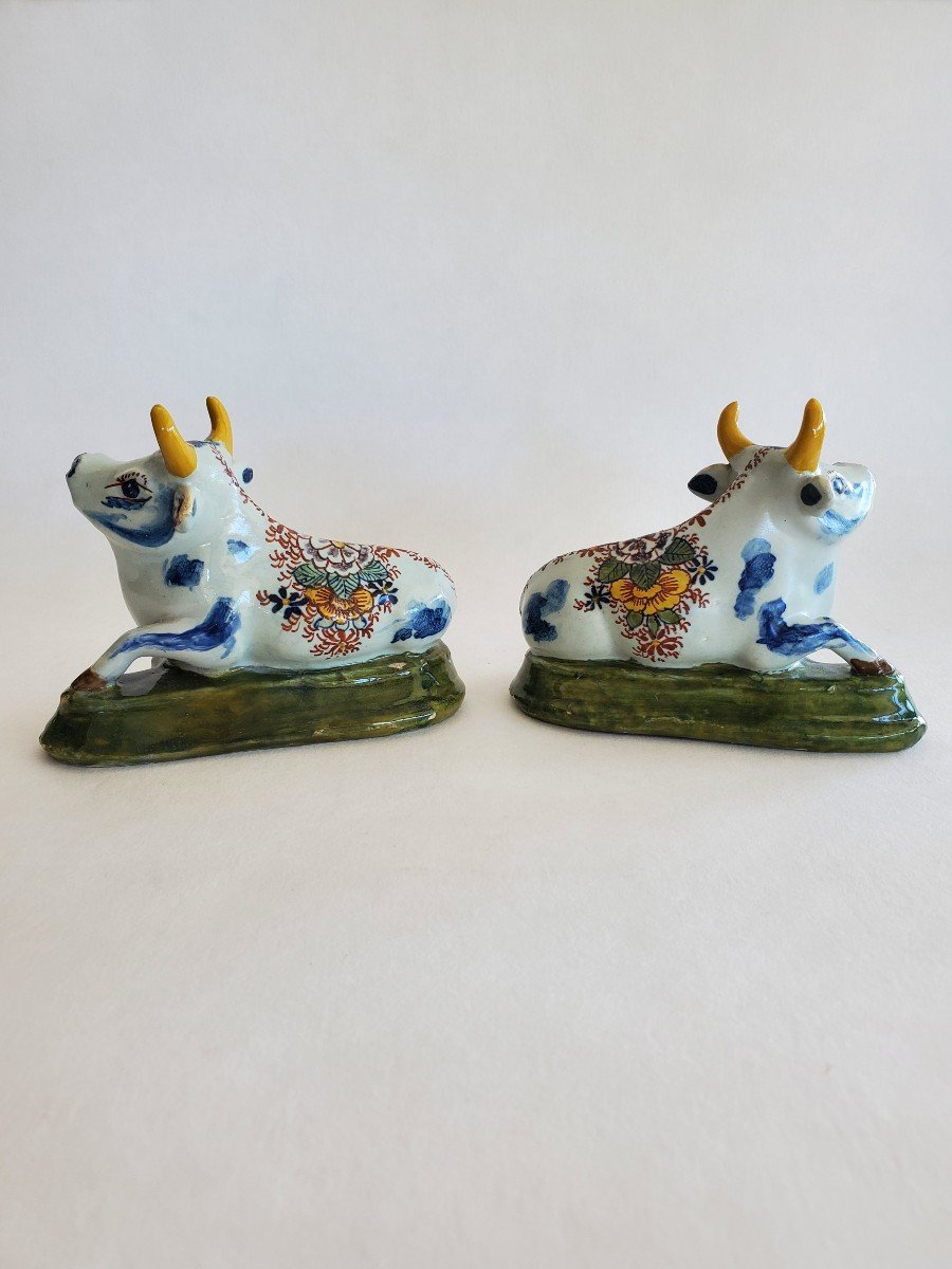 Delft - Pair Of Earthenware Cows - Signed - 18th Century-photo-4