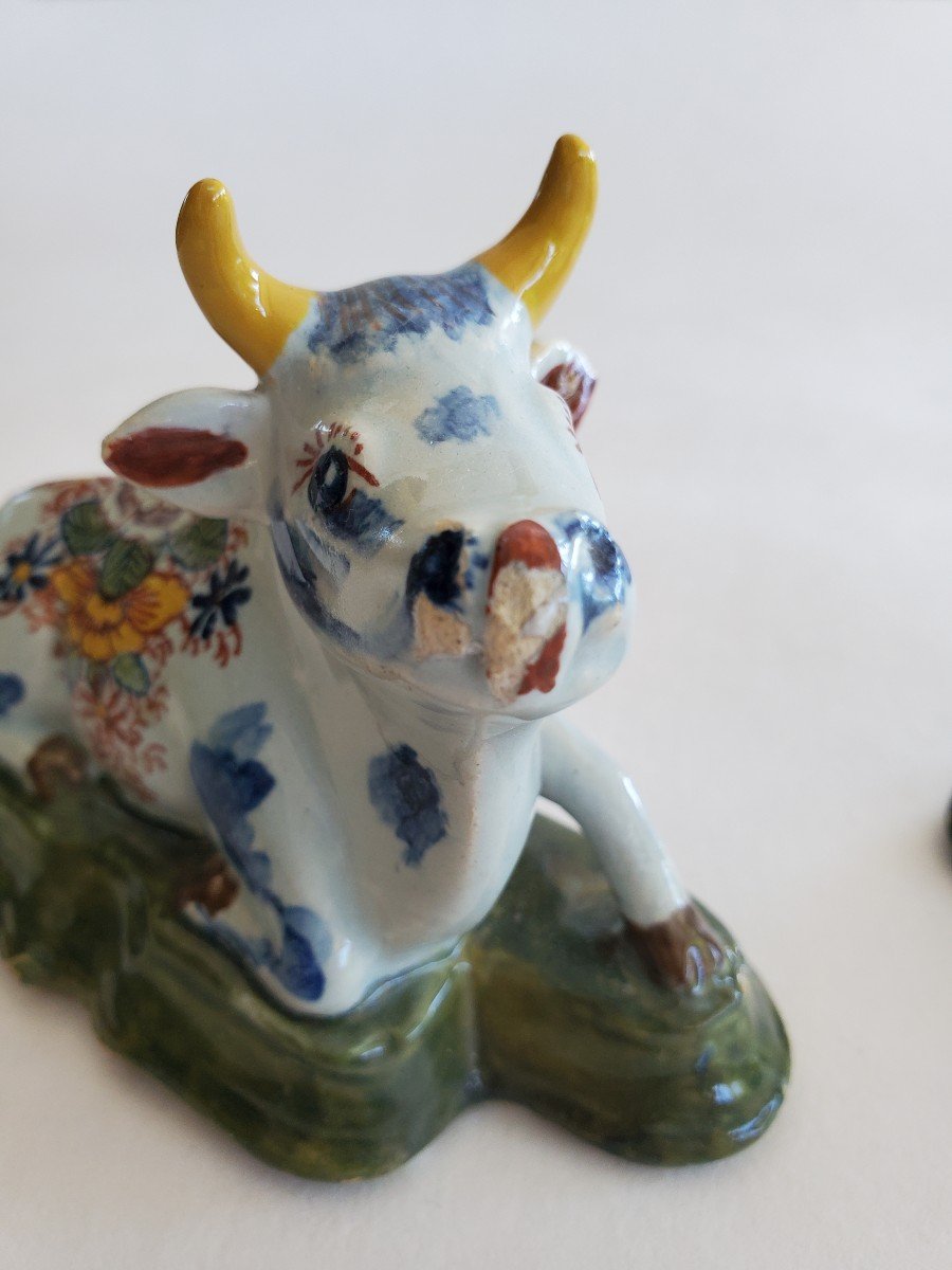 Delft - Pair Of Earthenware Cows - Signed - 18th Century-photo-5