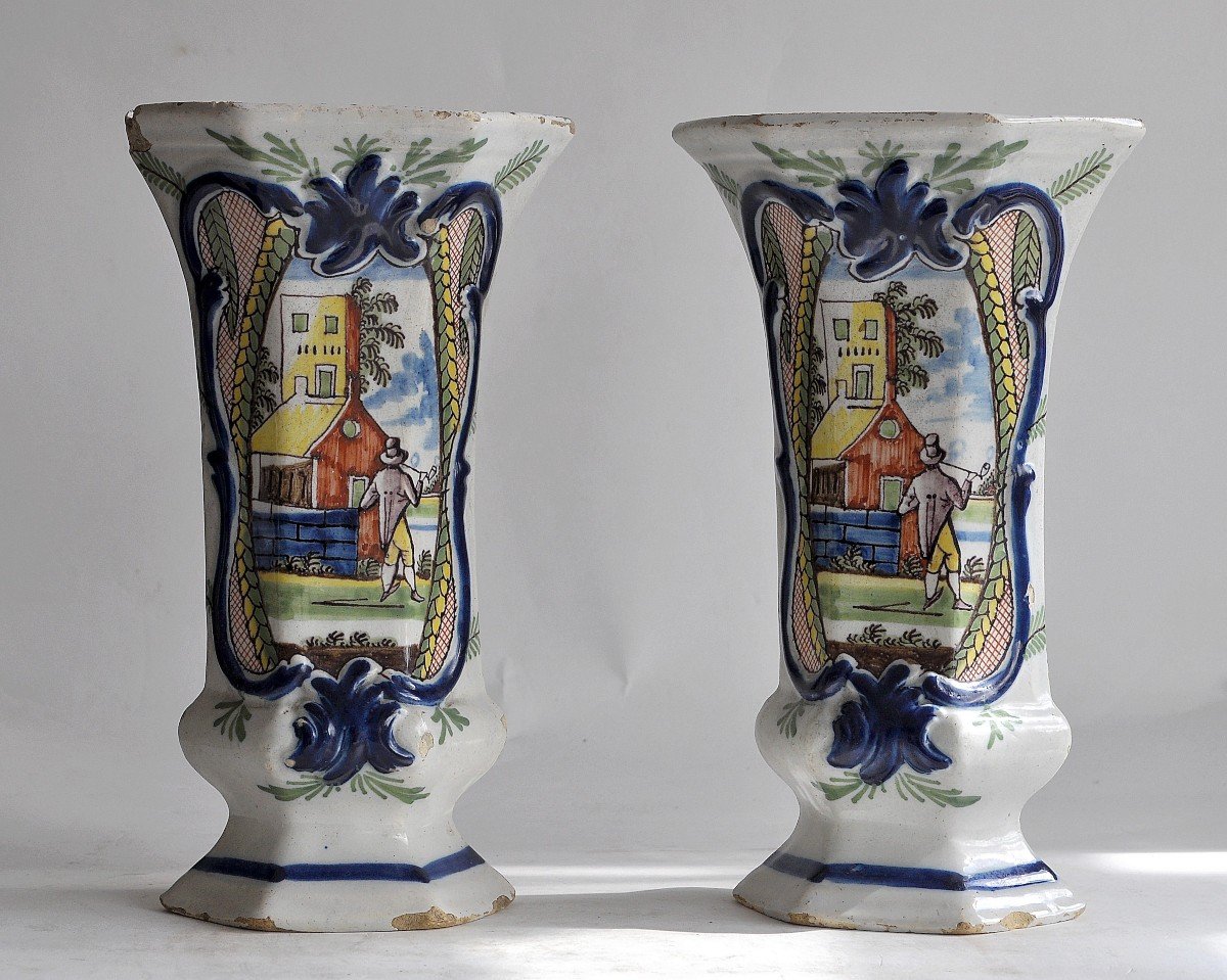  Faïence De Delft - XVIIIème - Paire De Vases Cornet - 