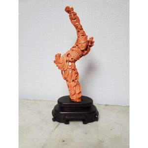 Sculpture - Corail Rouge Orangé Sur Socle