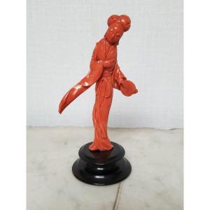 Chine -sculpture En Corail Rouge Sur Socle - XIX/xxème