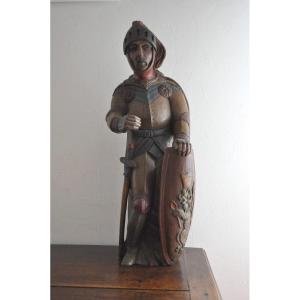 Statut - Soldat En Bois Polychrome - 18/19 ème Siècle