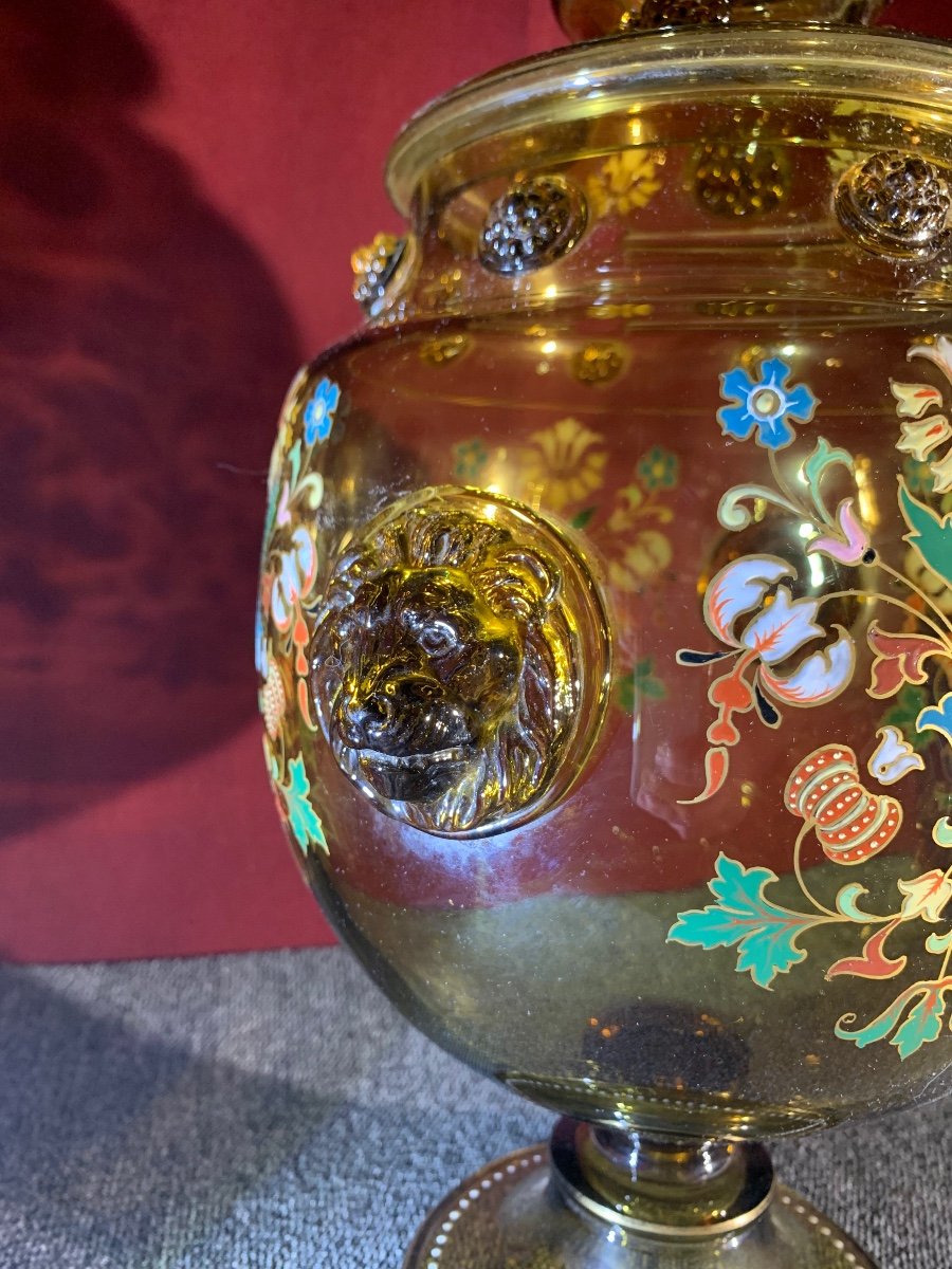 Enameled Smoked Glass Punch Bowl, Eastern European Work Circa 1890-photo-2