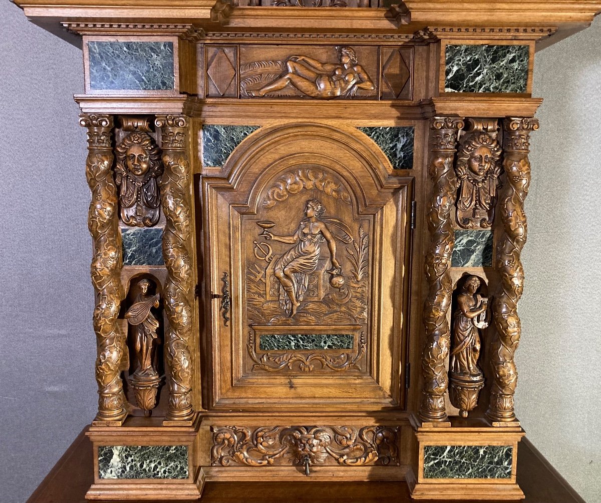 Magnifique Cabinet Néo-renaissance En Noyer Et Marbre, Ecole De Fontainebleau Vers 1860-photo-3