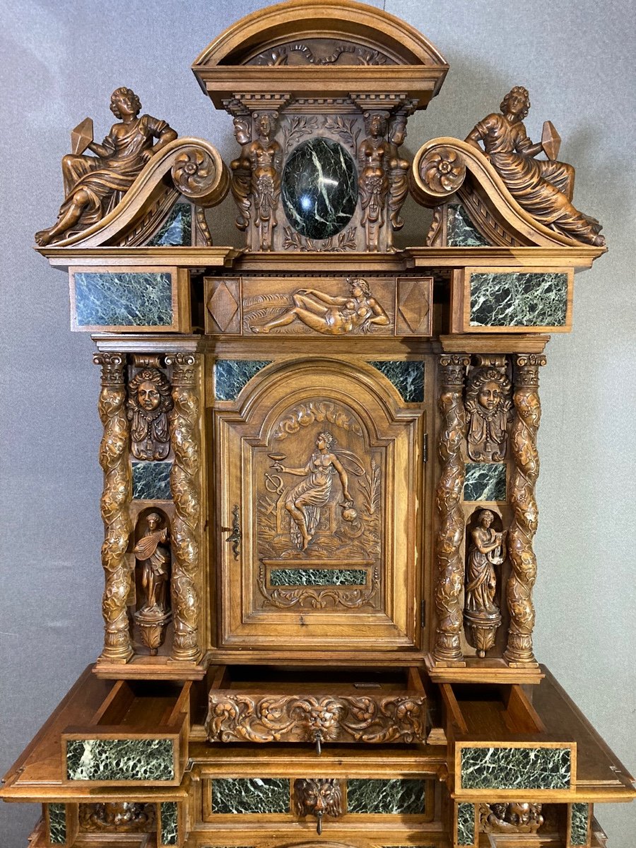 Magnifique Cabinet Néo-renaissance En Noyer Et Marbre, Ecole De Fontainebleau Vers 1860-photo-1