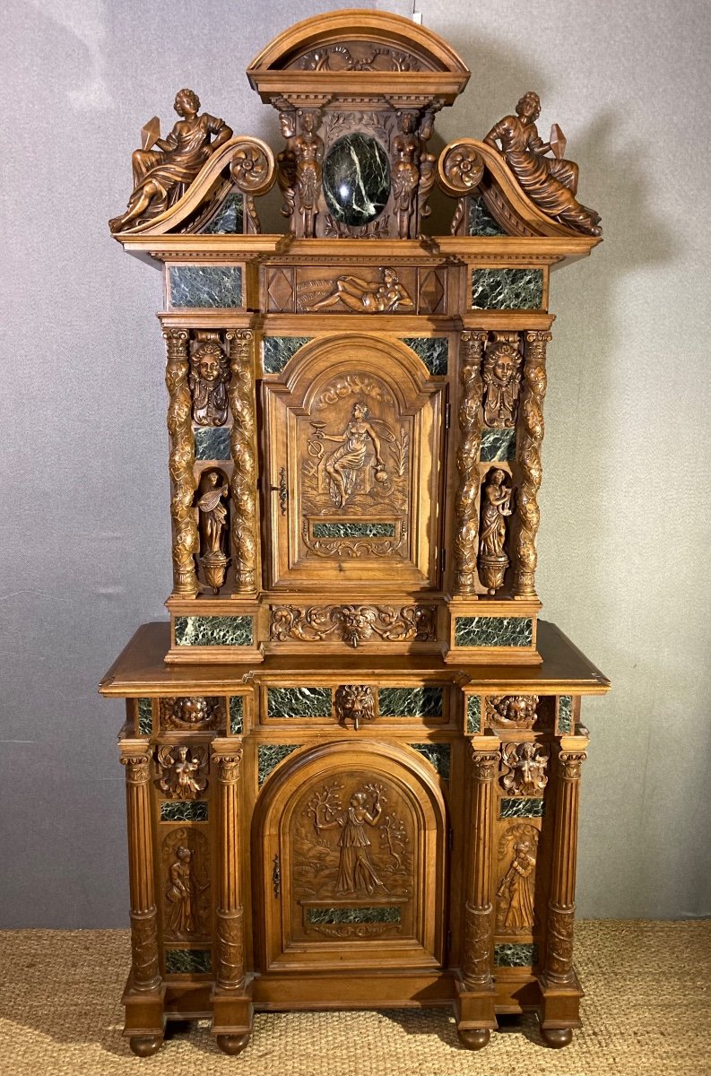 Magnifique Cabinet Néo-renaissance En Noyer Et Marbre, Ecole De Fontainebleau Vers 1860