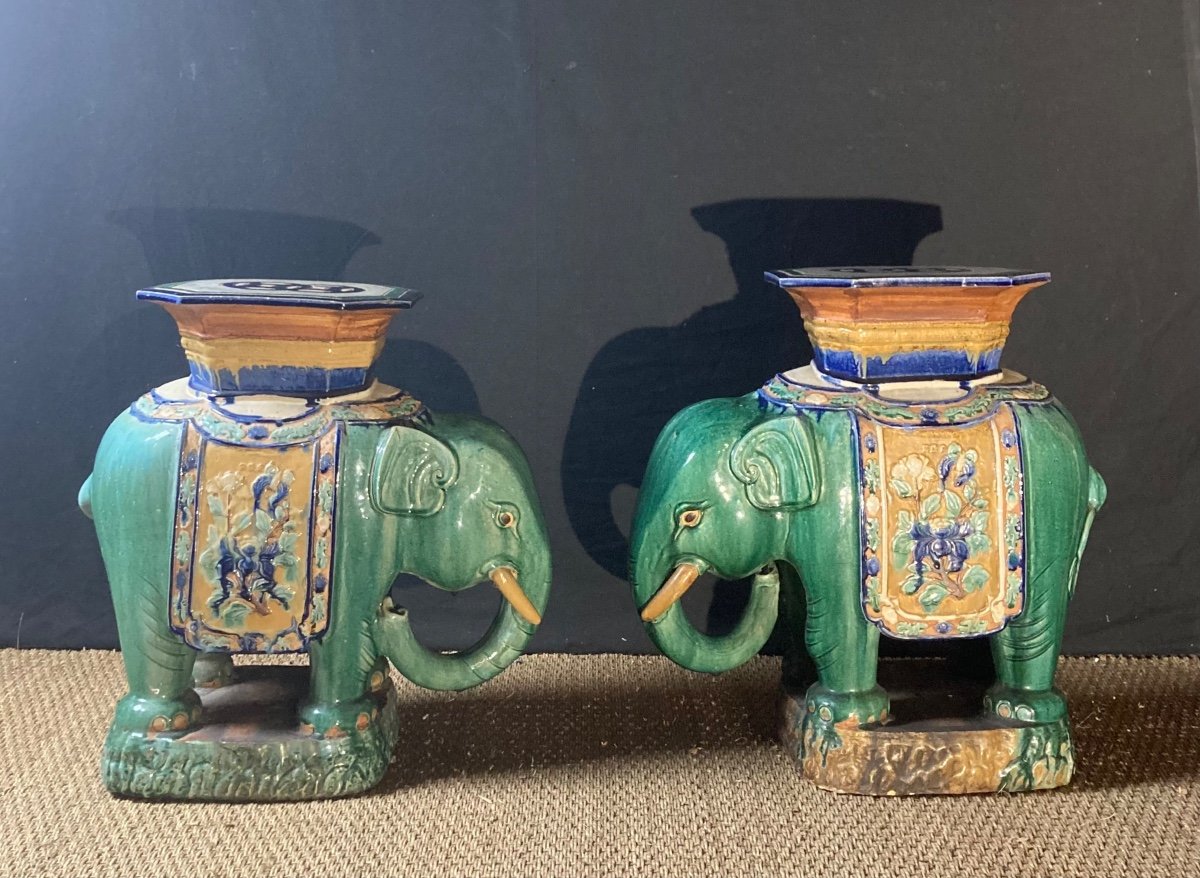 “four De Bien-hoa” Pair Of Ceramic Elephants Forming Bolster, Vietnam Circa 1920-photo-4