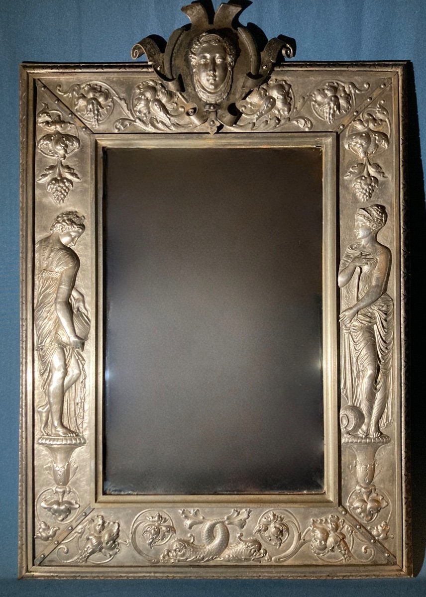 Mirror With Nymphs After Jean Goujon, Embossed & Chiseled Iron, France Circa 1880.