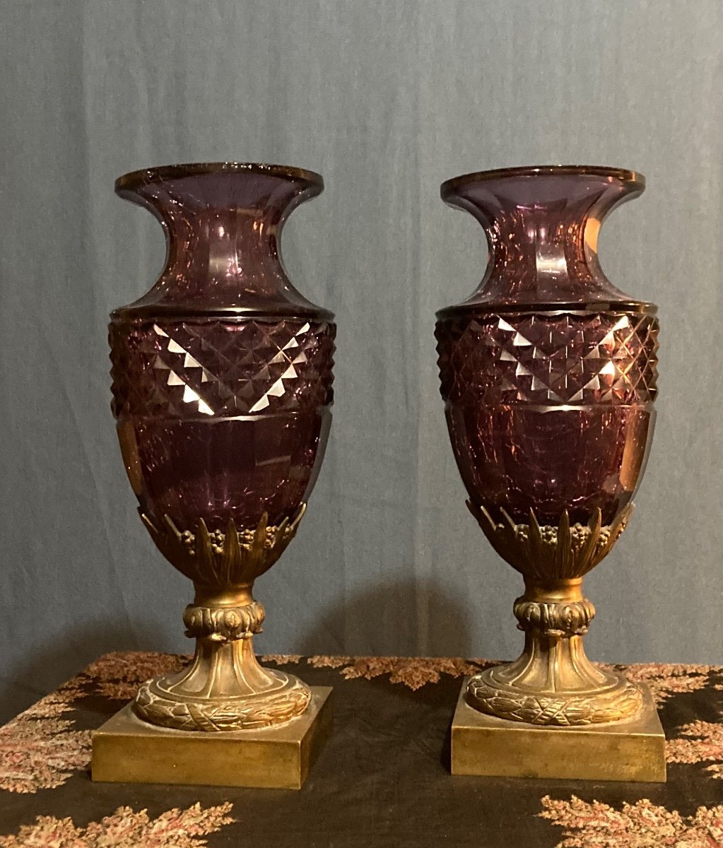 Rare Pair Of Amethyst Crystal Vases On Bronze Pedestal, North European Work Late 11th Century-photo-2