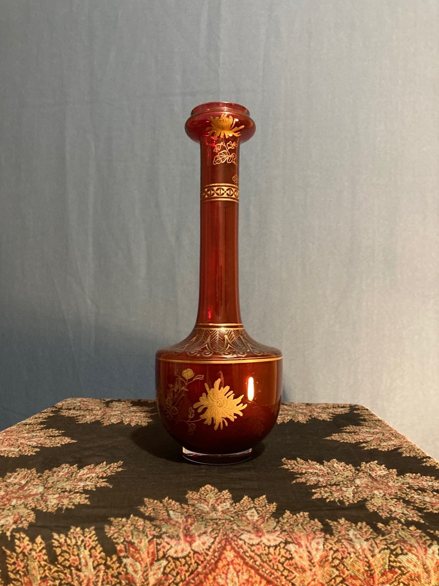 Japanese-style Vase In Red Crystal And Enhanced With Gold From The House Of Baccarat, Circa 1880-photo-2