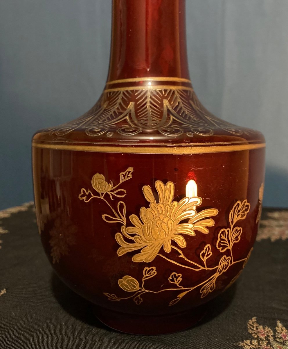 Japanese-style Vase In Red Crystal And Enhanced With Gold From The House Of Baccarat, Circa 1880-photo-4