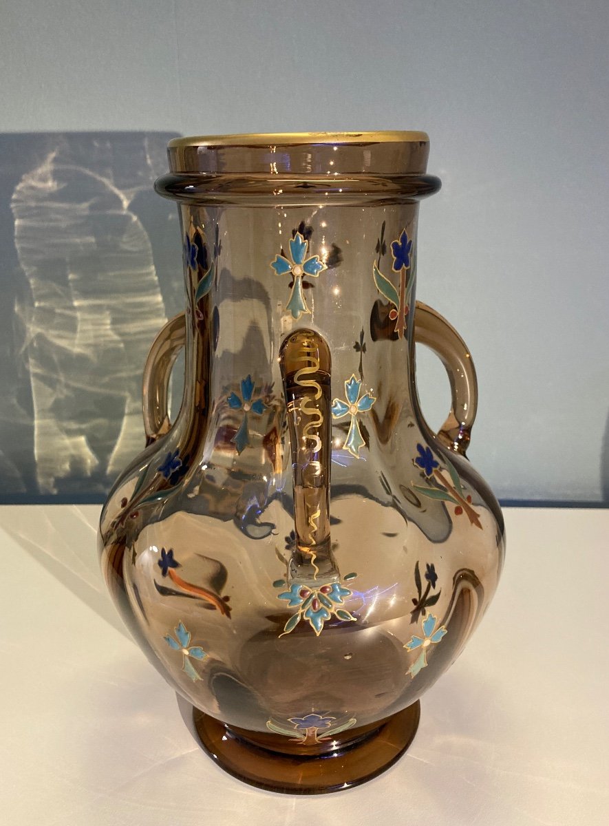 Smoked Glass Vase, Hot Enameled, France Circa 1880-photo-2