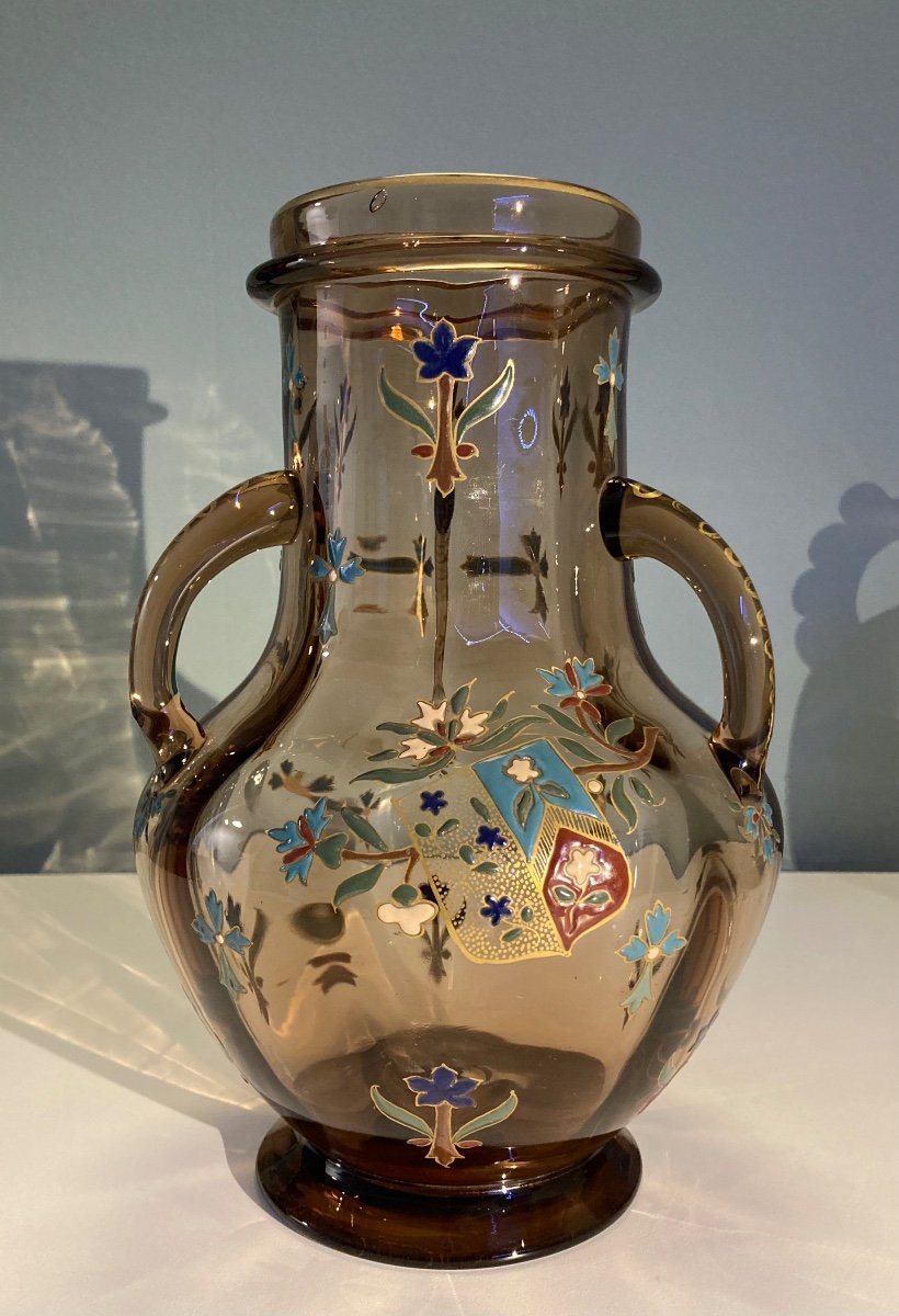 Vase En Verre Fumé, émaillé à Chaud, France Vers 1880