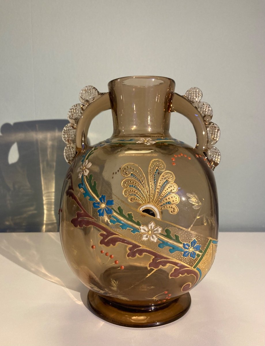 Vase En Verre Fumé émaillé à Chaud, France Vers 1900