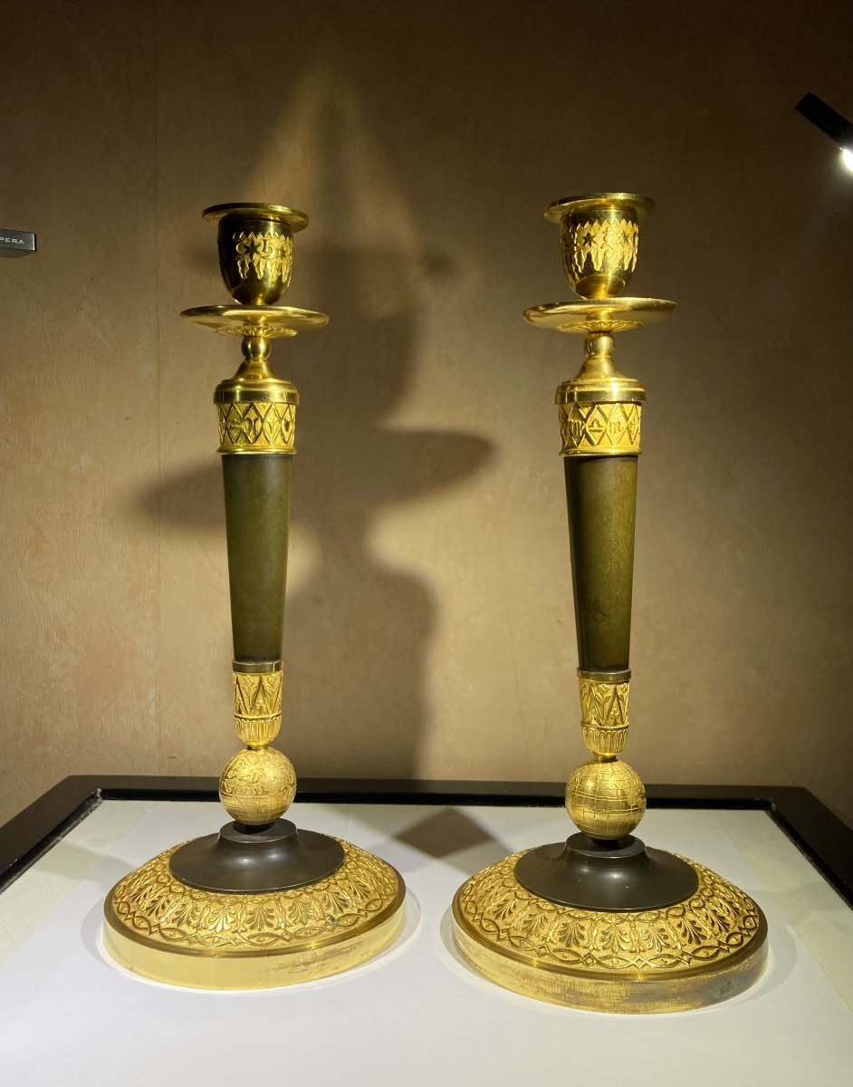 Exceptional Pair Of Astrology Candlesticks In Patinated And Gilded Bronze, France, Empire Period -photo-2