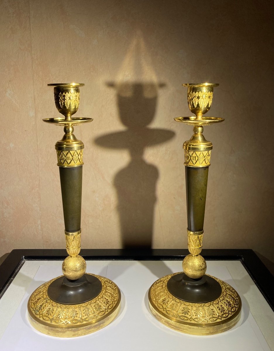 Exceptional Pair Of Astrology Candlesticks In Patinated And Gilded Bronze, France, Empire Period -photo-4