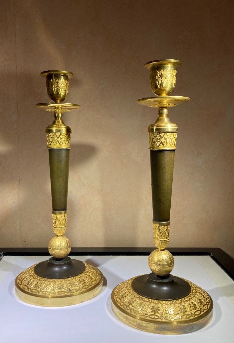 Exceptional Pair Of Astrology Candlesticks In Patinated And Gilded Bronze, France, Empire Period -photo-3