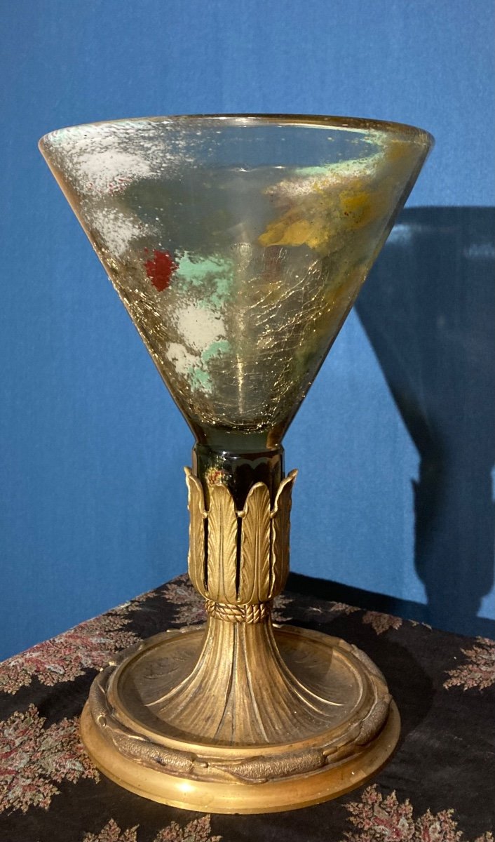 Cracked Glass Bowl And Inclusion On Art Nouveau Style Bronze Base 