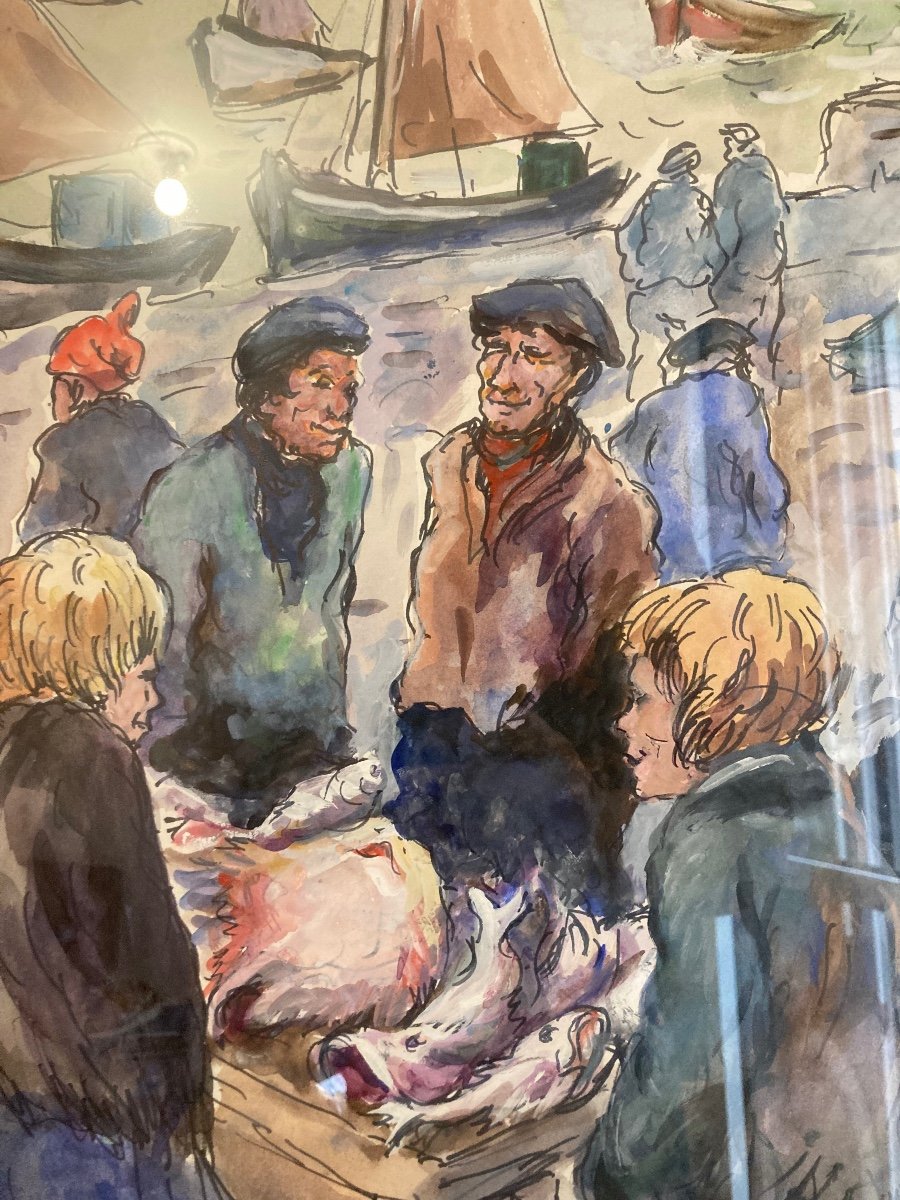 Fred Pailhês 1902-1991, Gouache Représentant Le Marché Au Port Du Havre-photo-3