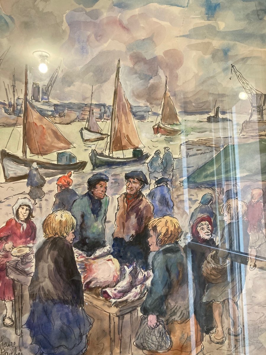 Fred Pailhês 1902-1991, Gouache Représentant Le Marché Au Port Du Havre-photo-4