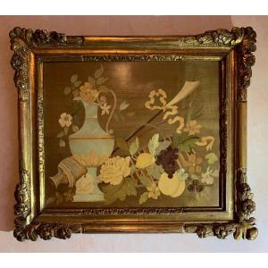 Still Life In Marquetry In Its Golden Wood Frame, France Late Nineteenth
