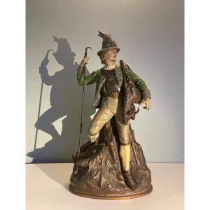 Austrian School, Tyrolean Hunter In Polychrome Spelter, Late 19th Century 