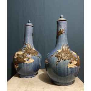 Four De Bat Trang, Paire De Vases Bouteilles, Vietnam Fin XIXé 